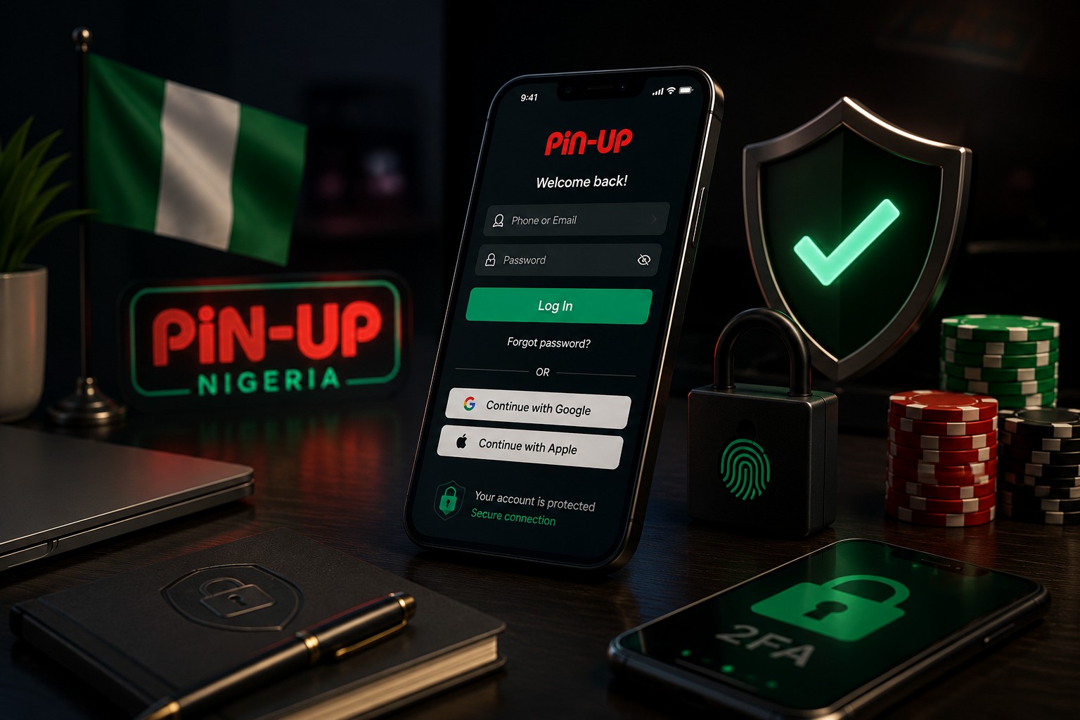 Pin Up Login in Nigeria with mobile sign-in screen, Nigerian flag, secure access elements and casino chips